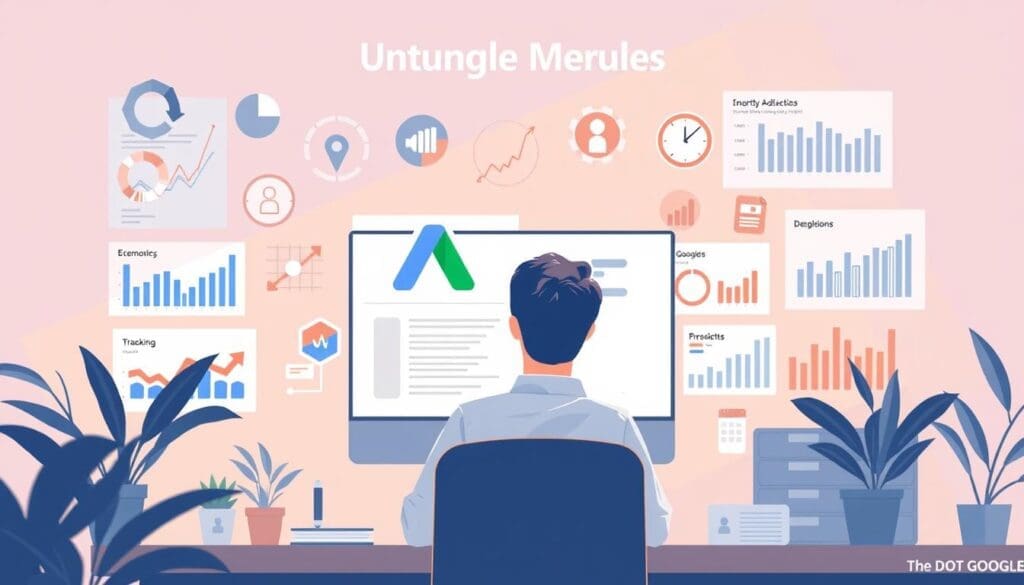 Detailed infographic illustration of "Google Ads Budget Management" with a clean, modern aesthetic. The scene depicts a professional working on a computer, surrounded by interactive charts, graphs, and data visualizations. The branding "The DOT GOOGLE" is prominently featured. The lighting is soft and natural, creating a calm, focused atmosphere. The composition is balanced, with the subject in the foreground and the infographic elements in the middle and background layers. The overall style is realistic, with a high level of detail and accuracy in the depiction of the Google Ads interface and related analytics.