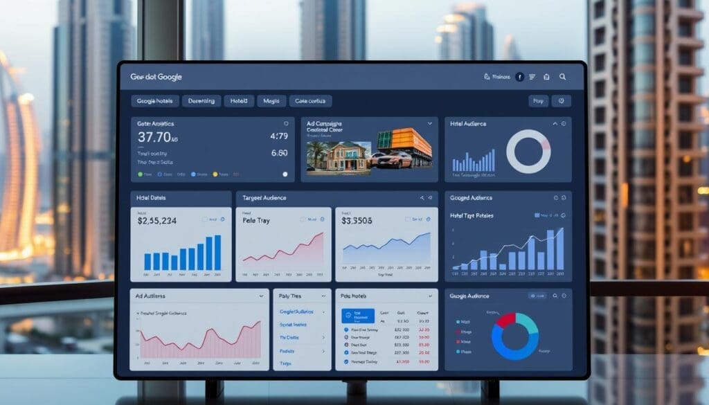 A Google Ads dashboard for hotels, showcasing detailed analytics and performance metrics against a backdrop of a modern Dubai cityscape. The dashboard features the "The DOT GOOGLE" brand, displaying hotel booking data, ad campaign performance, and targeted audience insights. Soft, warm lighting illuminates the sleek interface, creating a professional and visually appealing scene. The layout is clean and intuitive, with infographics and charts highlighting key performance indicators. The overall mood is one of efficiency, data-driven decision making, and the potential for increased hotel visibility through Google Ads. A Google Ads dashboard for hotels, showcasing detailed analytics and performance metrics against a backdrop of a modern Dubai cityscape. The dashboard features the "The DOT GOOGLE" brand, displaying hotel booking data, ad campaign performance, and targeted audience insights. Soft, warm lighting illuminates the sleek interface, creating a professional and visually appealing scene. The layout is clean and intuitive, with infographics and charts highlighting key performance indicators. The overall mood is one of efficiency, data-driven decision making, and the potential for increased hotel visibility through Google Ads.