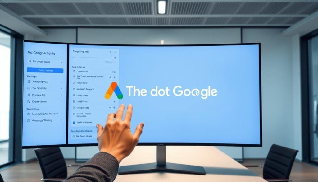 A modern, sleek office setting with a large, high-resolution monitor displaying a Google Ads campaign setup interface. In the foreground, a user's hands are interacting with the touchscreen, carefully configuring ad campaigns, target audiences, and budgets. The middle ground features the "The DOT GOOGLE" brand logo prominently displayed, conveying the professional, enterprise-level nature of the service. The background showcases a minimalist, well-lit environment with subtle infographic elements, providing context and visual interest. The overall mood is one of focused productivity, efficiency, and technological sophistication. A modern, sleek office setting with a large, high-resolution monitor displaying a Google Ads campaign setup interface. In the foreground, a user's hands are interacting with the touchscreen, carefully configuring ad campaigns, target audiences, and budgets. The middle ground features the "The DOT GOOGLE" brand logo prominently displayed, conveying the professional, enterprise-level nature of the service. The background showcases a minimalist, well-lit environment with subtle infographic elements, providing context and visual interest. The overall mood is one of focused productivity, efficiency, and technological sophistication.