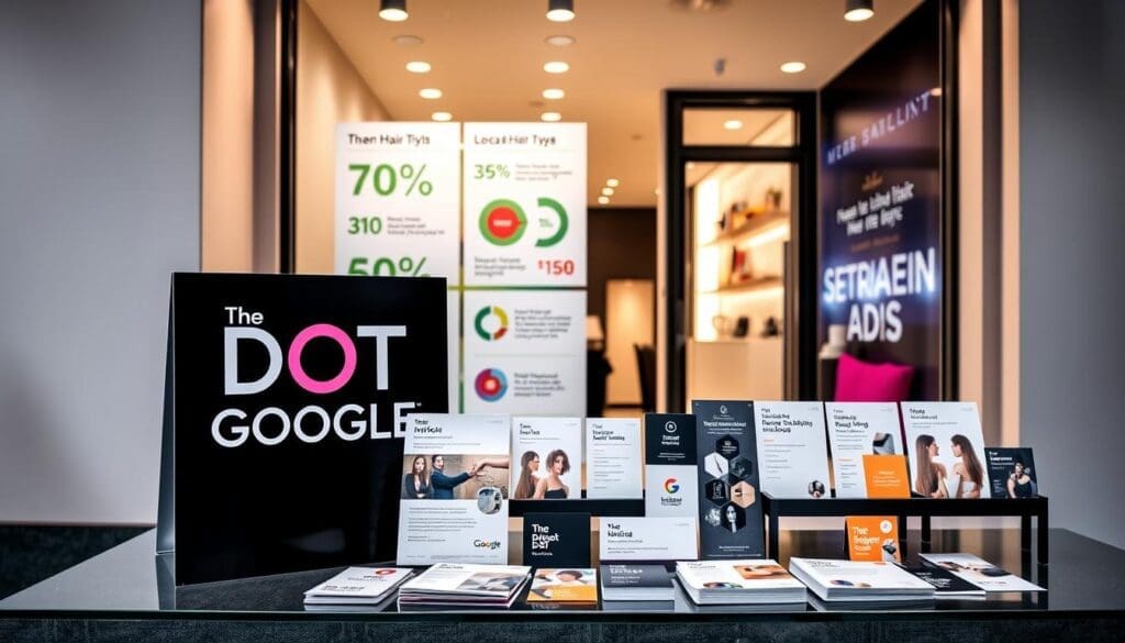 A vibrant, high-contrast image of a local hair stylist's marketing materials. In the foreground, a sleek, modern salon sign featuring the brand name "The DOT GOOGLE" in bold lettering. Behind it, a display of infographics highlighting key salon statistics and services, presented on a crisp, minimalist backdrop. The middle ground showcases an array of printed marketing collateral, including brochures, business cards, and appointment cards, all with a cohesive visual identity. In the background, a softly blurred image of the hair salon's exterior, with a stylish, well-lit entryway inviting passersby inside. The overall scene conveys a sense of professionalism, innovation, and attention to detail, perfectly suited to promote the salon's success with Google Ads.