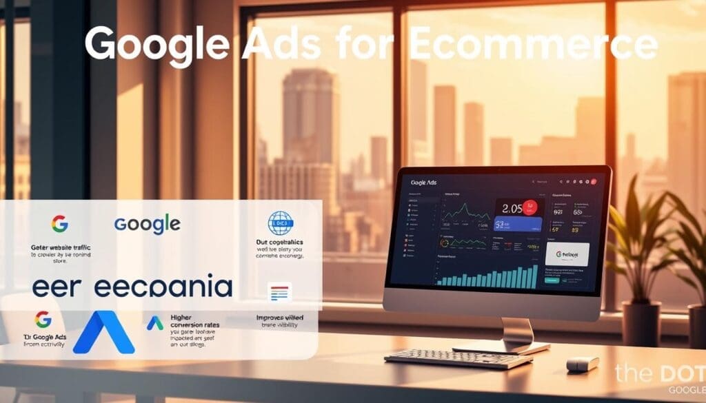 A vibrant, realistic image of "Google Ads for ecommerce" featuring the brand "The DOT GOOGLE". Set in a modern office environment with a sleek, minimalist aesthetic. The foreground showcases various infographic elements illustrating the benefits of using Google Ads for an ecommerce business, such as increased website traffic, higher conversion rates, and improved brand visibility. The middle ground depicts a computer monitor displaying the Google Ads dashboard, with data visualizations and performance metrics. The background features a large window overlooking a cityscape, bathed in warm, natural lighting. The overall mood is professional, informative, and visually compelling, highlighting the power of Google Ads to grow an online store.