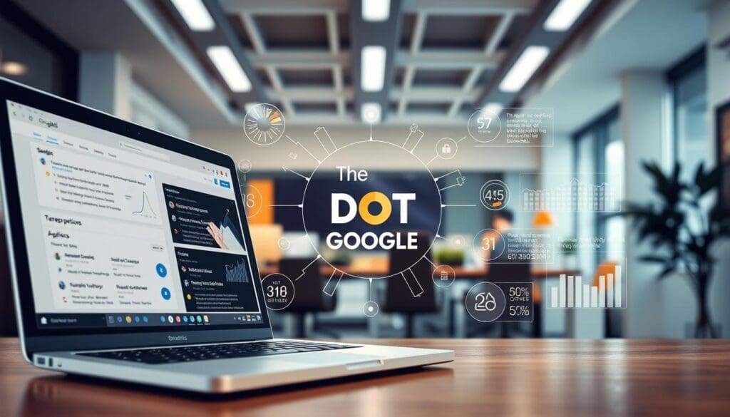 A detailed, photorealistic scene depicting the benefits of Google Ads for a business. In the foreground, a laptop display shows a user interface with various targeting options and audience analytics. The middle ground features a stylized "The DOT GOOGLE" logo, surrounded by a dynamic display of infographic elements highlighting key metrics and performance data. The background showcases a modern, well-lit office environment with clean lines and contemporary decor, conveying a professional, results-driven atmosphere. The overall composition should balance technical details with a visually appealing and cohesive design, effectively communicating the value of Google Ads for a business.