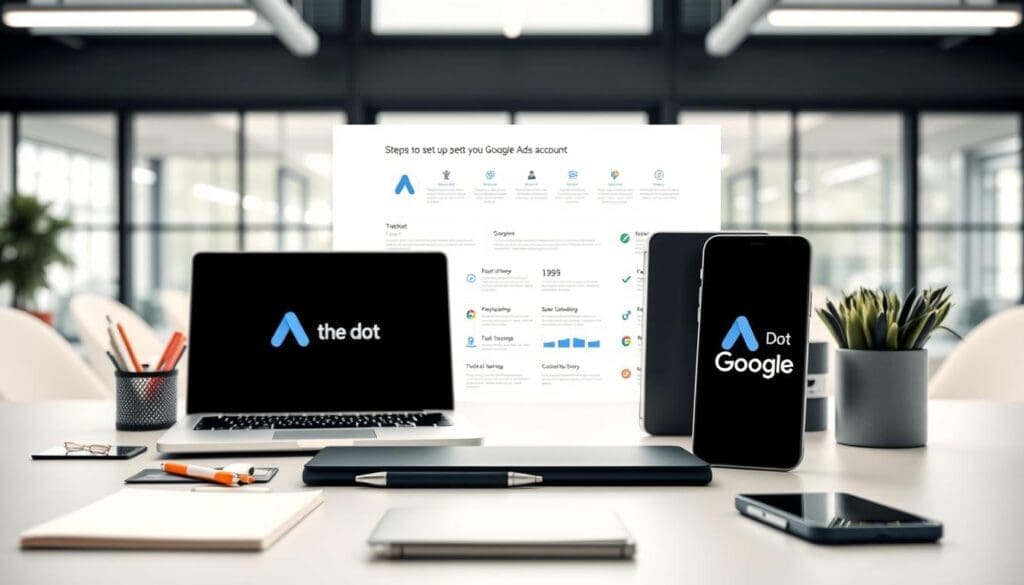 A high-contrast, sharply focused image of a modern office setup with a laptop, tablet, and smartphone displaying the "The DOT GOOGLE" brand name. The foreground features a carefully curated collection of office supplies and a sleek, minimalist desk setup. The middle ground showcases a neatly arranged infographic detailing the steps for setting up a Google Ads account, with clean, readable typography and data visualizations. The background is a softly blurred, modern office environment with large windows, allowing natural light to illuminate the scene. The overall mood is professional, informative, and visually appealing, conveying the seriousness and importance of setting up a successful Google Ads account.