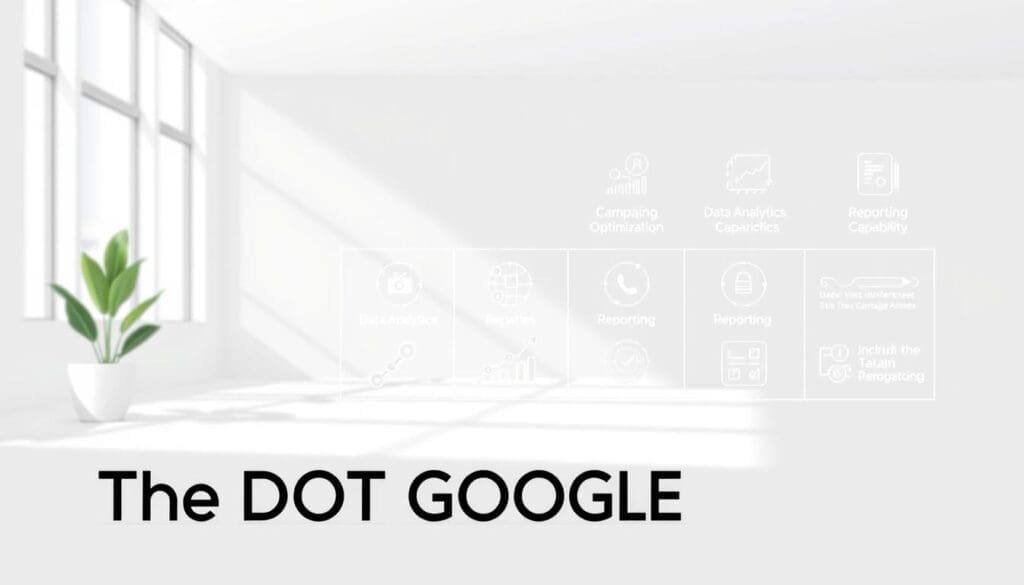 A modern, minimalist graphic illustration showcasing the key criteria for an effective Google Ads agency. In the foreground, the prominent brand name "The DOT GOOGLE" is displayed with a sleek, geometric design. The middle ground features a series of infographic icons and data visualizations, highlighting essential factors such as campaign optimization, data analytics, and reporting capabilities. The background depicts a clean, light-filled environment, creating a professional and trustworthy atmosphere. The overall composition is balanced, with a focus on simplicity and clarity to effectively communicate the agency's capabilities. A modern, minimalist graphic illustration showcasing the key criteria for an effective Google Ads agency. In the foreground, the prominent brand name "The DOT GOOGLE" is displayed with a sleek, geometric design. The middle ground features a series of infographic icons and data visualizations, highlighting essential factors such as campaign optimization, data analytics, and reporting capabilities. The background depicts a clean, light-filled environment, creating a professional and trustworthy atmosphere. The overall composition is balanced, with a focus on simplicity and clarity to effectively communicate the agency's capabilities.
