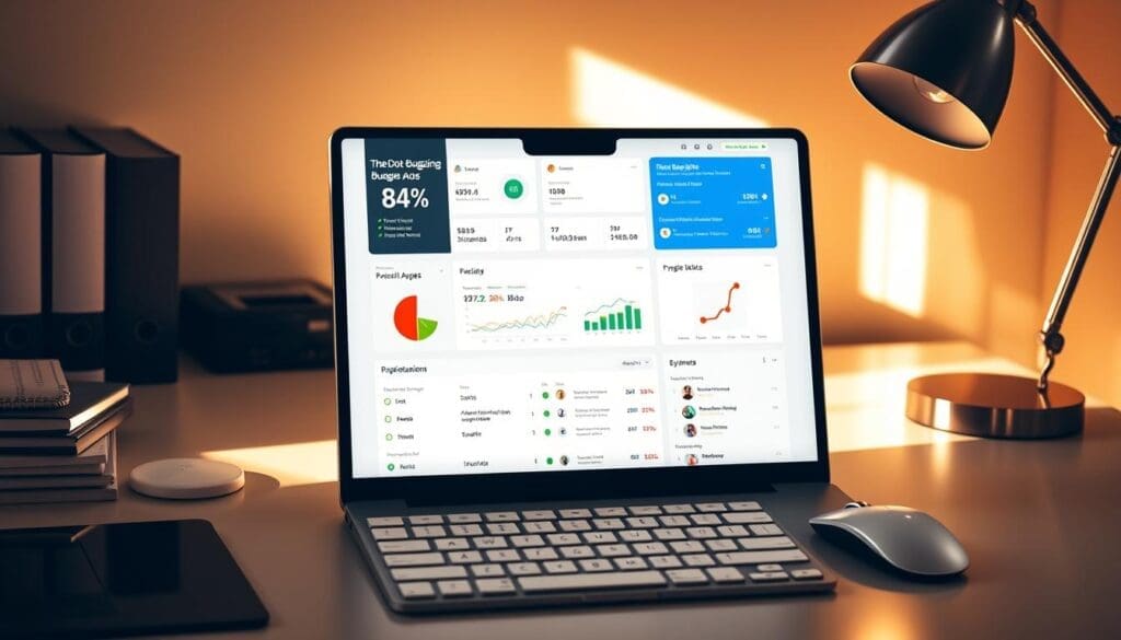 A neatly organized office workspace with a laptop displaying a web page showing "The DOT GOOGLE" branded Google Ads budgeting dashboard. Detailed infographics illustrate various budgeting metrics and optimization options. Warm, natural lighting creates a professional, analytical atmosphere. The desktop is clean, with a modern mouse, keyboard, and a stylish desk lamp. Subtle shadows and reflections add depth and realism. The overall impression conveys the thoughtful planning and control needed for effective Google Ads budgeting.