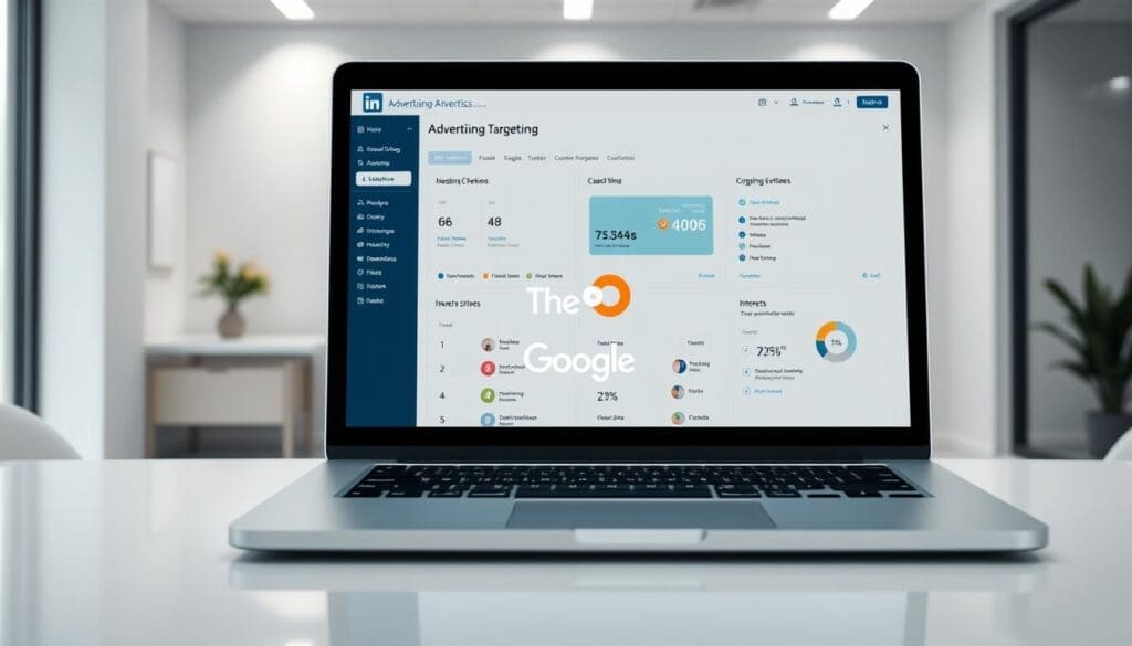 A sleek and modern UI display showing LinkedIn's advanced advertising targeting options, with an emphasis on relevant infographics. The foreground features a laptop screen showcasing a detailed dashboard of targeting criteria such as location, job title, industry, interests, and more. In the middle ground, a stylized "The DOT GOOGLE" brand logo subtly integrates with the interface. The background depicts a minimalist office setting with neutral colors and clean lines, creating a professional and polished atmosphere. The lighting is soft and diffused, enhancing the clarity and legibility of the on-screen information. The overall composition conveys a sense of authority and expertise in the world of B2B digital advertising.