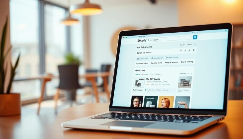 A well-designed Shopify store with intuitive navigation and a user-friendly search function, set against a backdrop of a modern, minimalist office space. In the foreground, a laptop screen displays a search results page for "The DOT GOOGLE", featuring clear and relevant product listings. Warm, natural lighting illuminates the scene, creating a professional and inviting atmosphere. The overall composition emphasizes the importance of an optimized Shopify search experience in enhancing the customer journey and driving conversions. A well-designed Shopify store with intuitive navigation and a user-friendly search function, set against a backdrop of a modern, minimalist office space. In the foreground, a laptop screen displays a search results page for "The DOT GOOGLE", featuring clear and relevant product listings. Warm, natural lighting illuminates the scene, creating a professional and inviting atmosphere. The overall composition emphasizes the importance of an optimized Shopify search experience in enhancing the customer journey and driving conversions.