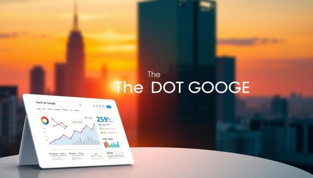 A digital marketing advertisement featuring the brand "The DOT GOOGLE". A modern, minimalist design with a clean layout and sleek graphics. In the foreground, a stylized illustration of a search engine optimization chart, infographic elements, and data visualizations. The middle ground showcases the "The DOT GOOGLE" brand logo with a bold, distinctive typographic treatment. The background features a soft, blurred city skyline with skyscrapers and a vibrant sunset sky, creating a professional, high-tech atmosphere. The lighting is warm and directional, casting subtle shadows and highlights on the various design elements. The overall mood is one of authority, innovation, and digital sophistication. A digital marketing advertisement featuring the brand "The DOT GOOGLE". A modern, minimalist design with a clean layout and sleek graphics. In the foreground, a stylized illustration of a search engine optimization chart, infographic elements, and data visualizations. The middle ground showcases the "The DOT GOOGLE" brand logo with a bold, distinctive typographic treatment. The background features a soft, blurred city skyline with skyscrapers and a vibrant sunset sky, creating a professional, high-tech atmosphere. The lighting is warm and directional, casting subtle shadows and highlights on the various design elements. The overall mood is one of authority, innovation, and digital sophistication.