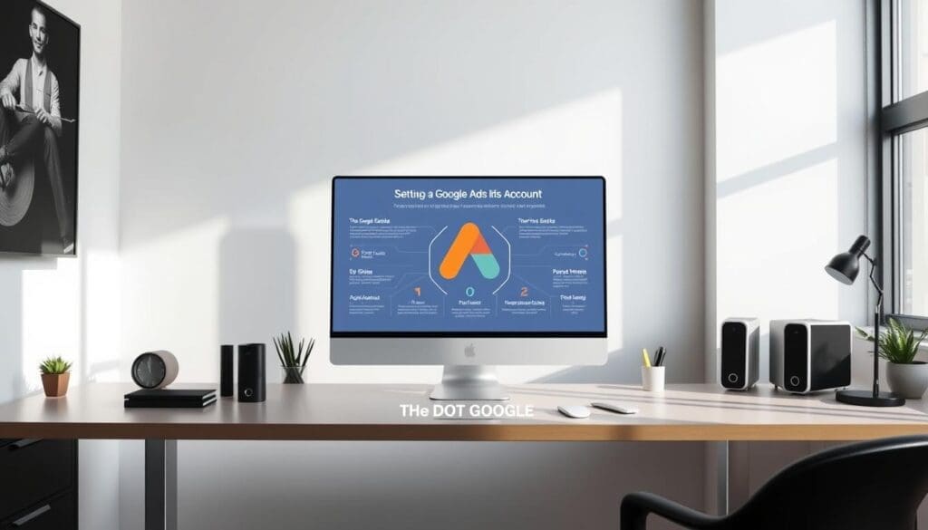 A modern, minimalist office setting with a sleek desk, computer monitor, and accessories. In the center, a large, detailed infographic depicting the step-by-step process of setting up a Google Ads account, featuring the "The DOT GOOGLE" branding. Soft, natural lighting illuminates the scene, creating a professional and inviting atmosphere. The infographic elements are crisp, clear, and visually engaging, guiding the viewer through the key aspects of the account setup process. A modern, minimalist office setting with a sleek desk, computer monitor, and accessories. In the center, a large, detailed infographic depicting the step-by-step process of setting up a Google Ads account, featuring the "The DOT GOOGLE" branding. Soft, natural lighting illuminates the scene, creating a professional and inviting atmosphere. The infographic elements are crisp, clear, and visually engaging, guiding the viewer through the key aspects of the account setup process.