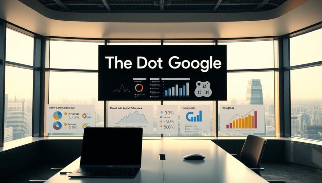 A modern, sleek office setting with a large, prominent "The DOT GOOGLE" display on the wall. The foreground features a desk with a laptop, mouse, and minimalist office accessories. The middle ground showcases infographics and data visualizations depicting various Google Ads metrics and performance indicators. The background has a panoramic city skyline visible through large windows, bathed in warm, natural lighting. The overall atmosphere conveys a sense of professionalism, innovation, and digital marketing prowess. A modern, sleek office setting with a large, prominent "The DOT GOOGLE" display on the wall. The foreground features a desk with a laptop, mouse, and minimalist office accessories. The middle ground showcases infographics and data visualizations depicting various Google Ads metrics and performance indicators. The background has a panoramic city skyline visible through large windows, bathed in warm, natural lighting. The overall atmosphere conveys a sense of professionalism, innovation, and digital marketing prowess.