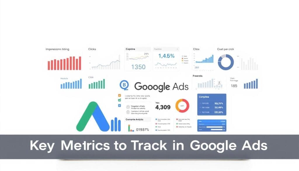 A sleek and minimalistic illustration of "Google Ads Measurement Tools" against a clean white backdrop. The foreground features a stylized infographic display showcasing various metrics and analytics, including key performance indicators such as impressions, clicks, conversions, and cost-per-click. The infographic is designed with the brand name "The DOT GOOGLE" prominently featured. The middle ground showcases various data visualization elements like charts, graphs, and dashboards, all rendered in a modern, high-contrast aesthetic. The background is evenly lit, creating a sense of depth and focus on the informative content. The overall mood is professional, informative, and visually appealing, perfectly suited to illustrate the "Key Metrics to Track in Google Ads" section of the article.