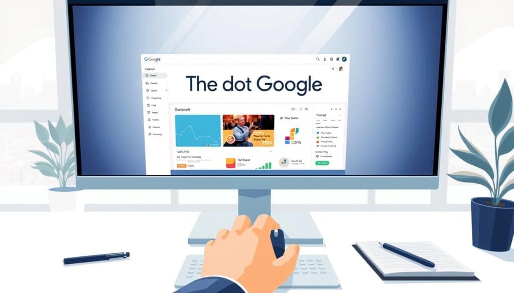 A well-lit, high-resolution digital illustration of a desktop computer setup, featuring a modern LCD monitor displaying the "The DOT GOOGLE" brand name and a dashboard-style Google Ads campaign management interface. In the foreground, a hand hovers over a computer mouse, ready to navigate the platform. The middle ground showcases a neatly organized workspace with a pen, notebook, and other office supplies. The background depicts a clean, minimalist office setting with a potted plant and a window overlooking a cityscape. The scene conveys a sense of professionalism, efficiency, and attention to detail, suitable for illustrating a "Setting Up Your Google Ads Account" tutorial. A well-lit, high-resolution digital illustration of a desktop computer setup, featuring a modern LCD monitor displaying the "The DOT GOOGLE" brand name and a dashboard-style Google Ads campaign management interface. In the foreground, a hand hovers over a computer mouse, ready to navigate the platform. The middle ground showcases a neatly organized workspace with a pen, notebook, and other office supplies. The background depicts a clean, minimalist office setting with a potted plant and a window overlooking a cityscape. The scene conveys a sense of professionalism, efficiency, and attention to detail, suitable for illustrating a "Setting Up Your Google Ads Account" tutorial.