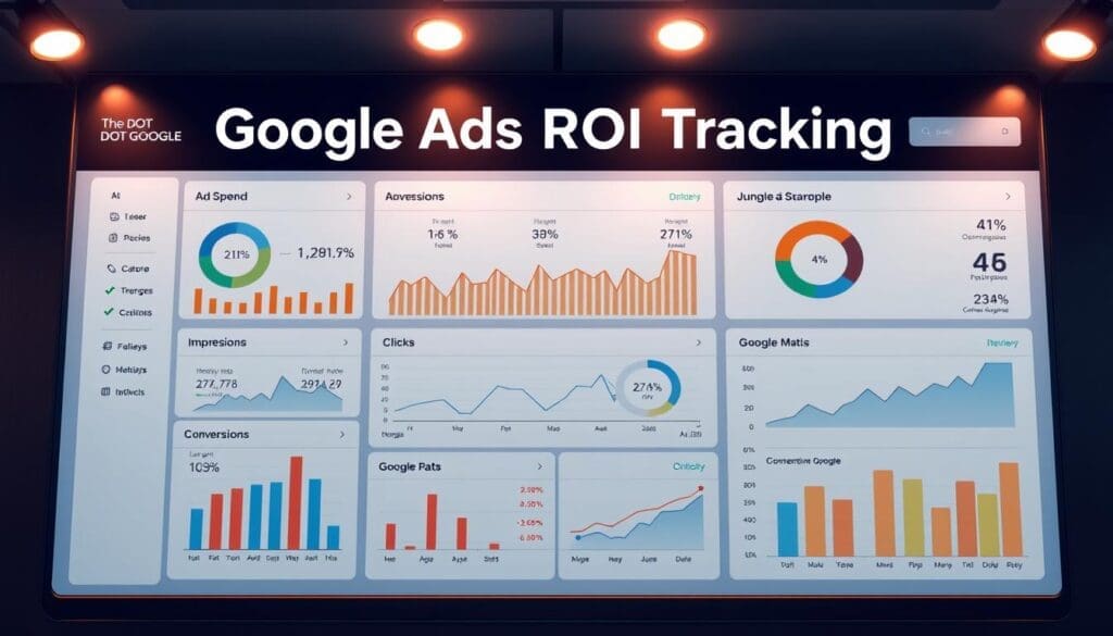 Detailed infographic displaying "Google Ads ROI Tracking" on a sleek, modern dashboard interface. The infographic should feature the brand name "The DOT GOOGLE" prominently. Realistic, high-quality data visualizations, charts, and graphs showcase key metrics and insights related to Google Ads performance, including ad spend, impressions, clicks, conversion rates, and return on investment. The dashboard should be illuminated by warm, directional lighting, creating depth and emphasizing the informative nature of the content. The overall tone should be professional, authoritative, and tailored to the "Crafting Effective Ads" section of the "Maximize Your Business with Google Ads" article.
