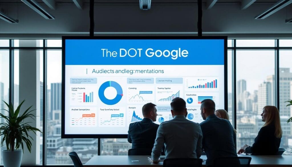 A modern and minimalist office setting with a large screen displaying an infographic on audience segmentation. The screen features the brand name "The DOT GOOGLE" in a sleek, sans-serif font. In the foreground, a team of business professionals gathered around a conference table, engaged in a discussion, their faces illuminated by the soft, directional lighting. The middle ground showcases various data visualizations and charts that illustrate the key principles of audience segmentation. The background is a clean, airy space with large windows overlooking a cityscape. The overall atmosphere conveys a sense of professionalism, collaboration, and the importance of data-driven marketing strategies.