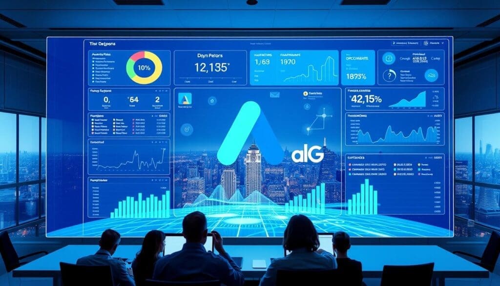 A modern, sleek office setting with a large, holographic display showcasing a comprehensive Google Ads dashboard. The foreground features a team of data analysts and digital marketers intently studying the real-time performance metrics, their faces illuminated by the crisp, blue-tinted display. In the middle ground, a stylized "The DOT GOOGLE" brand logo hovers amidst a 3D visualization of AI-driven automation workflows, data flows, and optimization algorithms. The background depicts a panoramic city skyline, hinting at the global reach and impact of these advanced advertising tools. The overall mood is one of precision, efficiency, and the seamless integration of human expertise and machine intelligence.