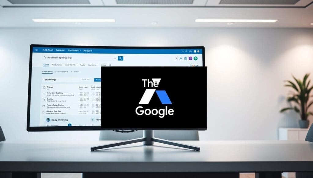 A sleek, modern desktop setup with a large, high-resolution monitor displaying the "AdWords Keyword Tool" interface. The foreground features the tool's intuitive dashboard, showcasing a search bar, keyword suggestions, and data visualizations. In the middle ground, a stylized "The DOT GOOGLE" brand mark is prominently displayed, conveying a sense of authority and trust. The background depicts a minimalist office environment, with clean lines, neutral tones, and subtle lighting that creates a professional, productive atmosphere. The overall image should convey the power and efficiency of the AdWords Keyword Tool in a visually engaging and informative manner.