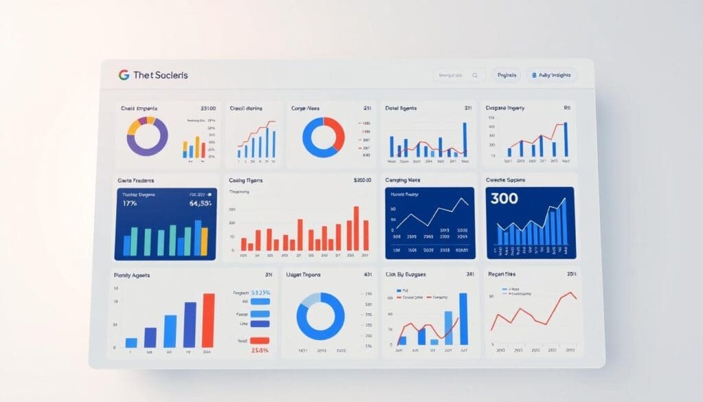 A high-resolution, detailed image of a professional data analysis dashboard titled "The DOT GOOGLE: Google Ads Budget Analysis". The dashboard displays various infographics, graphs, and charts illustrating key performance metrics such as ad spend, ROI, click-through rates, and budget allocation across different campaigns. The dashboard is set against a clean, minimalist white background, with a soft, warm lighting that creates a professional, analytical atmosphere. The dashboard is viewed from a slightly elevated angle, providing a comprehensive overview of the data insights.