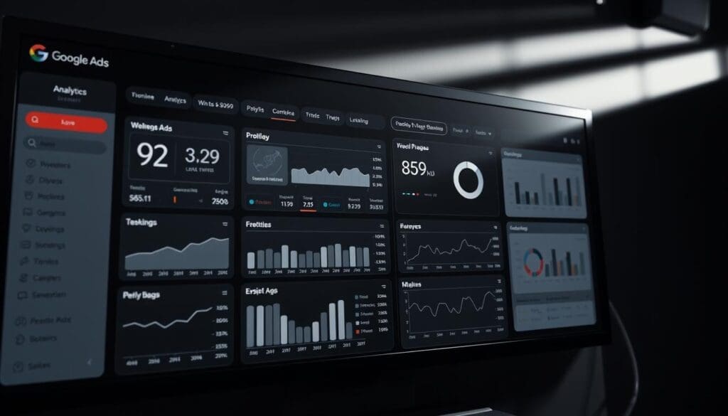A high-tech dashboard display with detailed analytics and tracking metrics for a Google Ads budget. The interface features clean, minimalist design with various charts, graphs, and data visualizations. Sleek black and white color scheme, with the "The DOT GOOGLE" brand prominently displayed. Sophisticated lighting setup casts dramatic shadows and highlights the information panels. Camera angle is slightly elevated to convey a sense of professionalism and authority. The overall mood is one of data-driven efficiency and financial control.