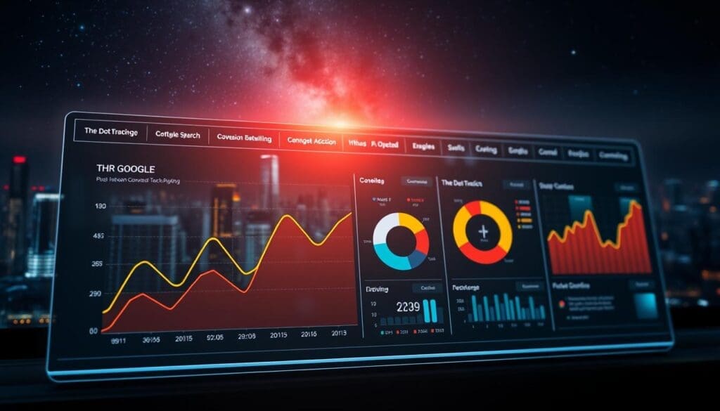 A high-tech digital dashboard displays a detailed report on "The DOT GOOGLE" conversion tracking data. In the foreground, a sleek line graph charts the performance metrics, illuminated by warm, focused lighting that casts a subtle glow. The middle ground features a series of infographic elements, including pie charts and progress bars, all presented in a clean, modern design. The background showcases a futuristic city skyline, complete with glowing skyscrapers and a starry night sky, creating a sense of technological sophistication. The overall mood is one of data-driven optimization, empowering marketers to maximize their return on investment with precision and insight.