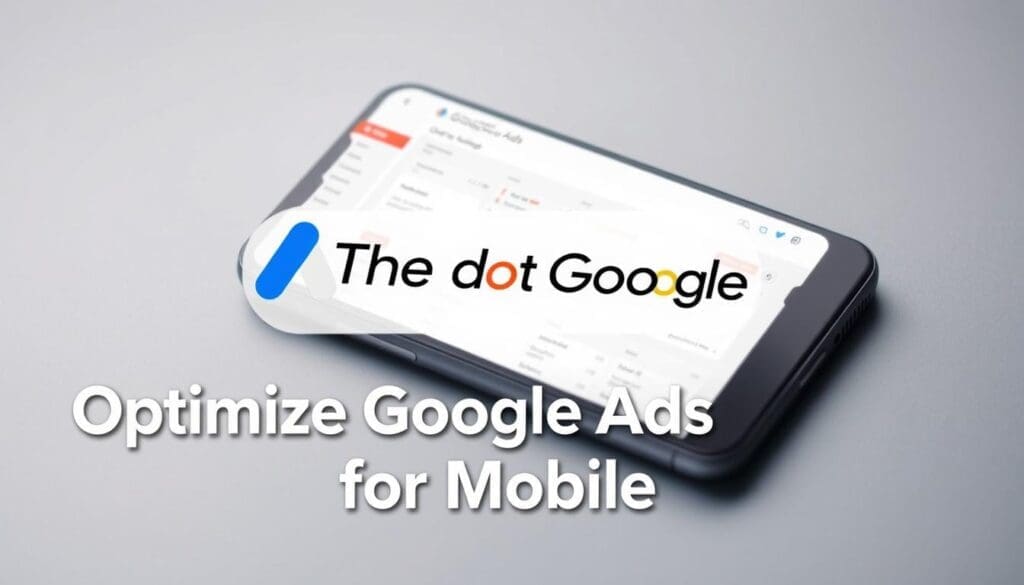 A mobile device displaying a Google Ads dashboard, showcasing optimization metrics and settings. The screen is set against a sleek, minimal background with muted tones, creating a clean and professional aesthetic. The "The DOT GOOGLE" brand logo is prominently featured, subtly integrated into the interface. The overall composition conveys a sense of efficiency and technology-driven success, suitable for the "Optimize Google Ads for Mobile" article section. Prompt A mobile device displaying a Google Ads dashboard, showcasing optimization metrics and settings. The screen is set against a sleek, minimal background with muted tones, creating a clean and professional aesthetic. The "The DOT GOOGLE" brand logo is prominently featured, subtly integrated into the interface.
