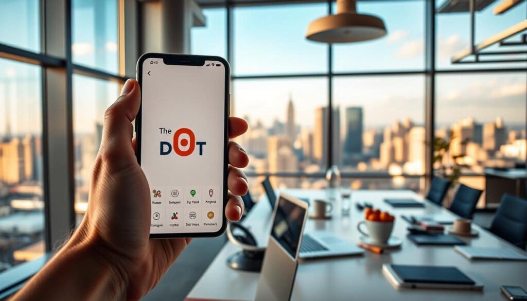 A modern office scene showcasing mobile advertising optimization. In the foreground, a person's hand holds a smartphone displaying the brand "The DOT GOOGLE" with infographic data. The middle ground features a desk with a laptop, coffee cup, and other office supplies. In the background, a large window overlooks a bustling city skyline, bathed in warm, natural lighting. The atmosphere is one of productivity and innovation, with a focus on optimizing mobile advertising strategies.
