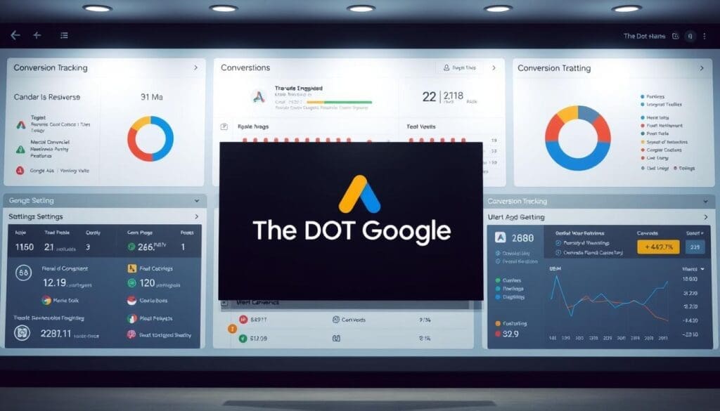 A modern, sleek-looking dashboard interface showcasing the Google Ads conversion tracking setup. In the center, the prominent "The DOT GOOGLE" branding is displayed, surrounded by colorful infographic panels detailing the various conversion tracking metrics and settings. The layout is clean, with a balance of text, icons, and data visualizations. Soft lighting casts a professional, authoritative tone, while the composition draws the viewer's eye to the key information. The overall scene conveys a sense of clarity and user-friendliness in managing Google Ads conversions.
