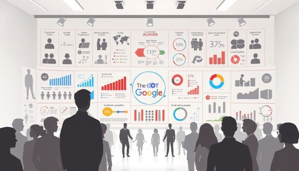 Detailed infographic illustration showcasing target audience identification, shot with a wide-angle lens in a bright, well-lit studio setting. In the foreground, various customer avatars, represented by diverse character silhouettes, are arranged in an organized grid layout. In the middle ground, a central "The DOT GOOGLE" brand logo is prominently displayed, surrounded by analytical data visualizations, demographic charts, and market segmentation diagrams. The background features a clean, minimalist design with a soft, pastel color palette, emphasizing the informative and educational nature of the image.