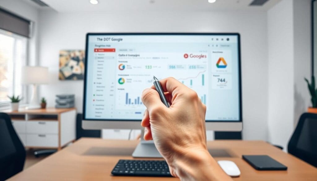 A crisp, well-lit image of a desktop computer displaying a Google Ads dashboard. The screen shows a detailed infographic with key performance metrics, optimization recommendations, and a prominent "The DOT GOOGLE" logo. In the foreground, a human hand holds a pen, poised to make adjustments to the campaign settings. The background is a clean, modern office setting with minimalist decor, suggesting a professional, data-driven approach to Google Ads optimization. A crisp, well-lit image of a desktop computer displaying a Google Ads dashboard. The screen shows a detailed infographic with key performance metrics, optimization recommendations, and a prominent "The DOT GOOGLE" logo. In the foreground, a human hand holds a pen, poised to make adjustments to the campaign settings. The background is a clean, modern office setting with minimalist decor, suggesting a professional, data-driven approach to Google Ads optimization.