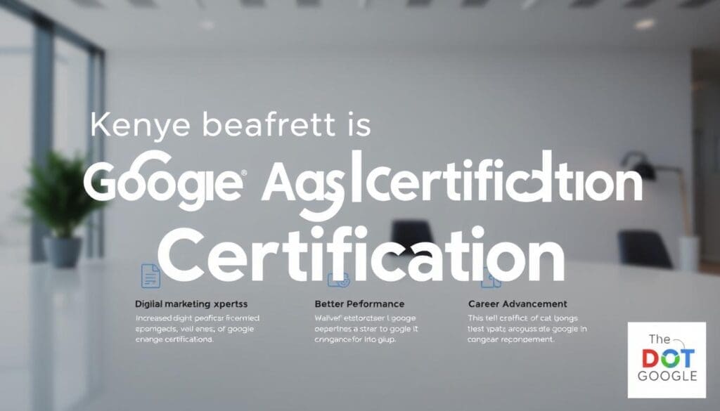 A high-quality, photorealistic image of the key benefits of Google Ads Certification, featuring the brand "The DOT GOOGLE". The image should have a clean, professional design with infographics highlighting the main advantages, such as increased digital marketing expertise, better campaign performance, and career advancement. Set against a modern, minimalist background with subtle depth of field, soft lighting, and a balanced composition. The overall mood should convey a sense of confidence, credibility, and the value of this certification.