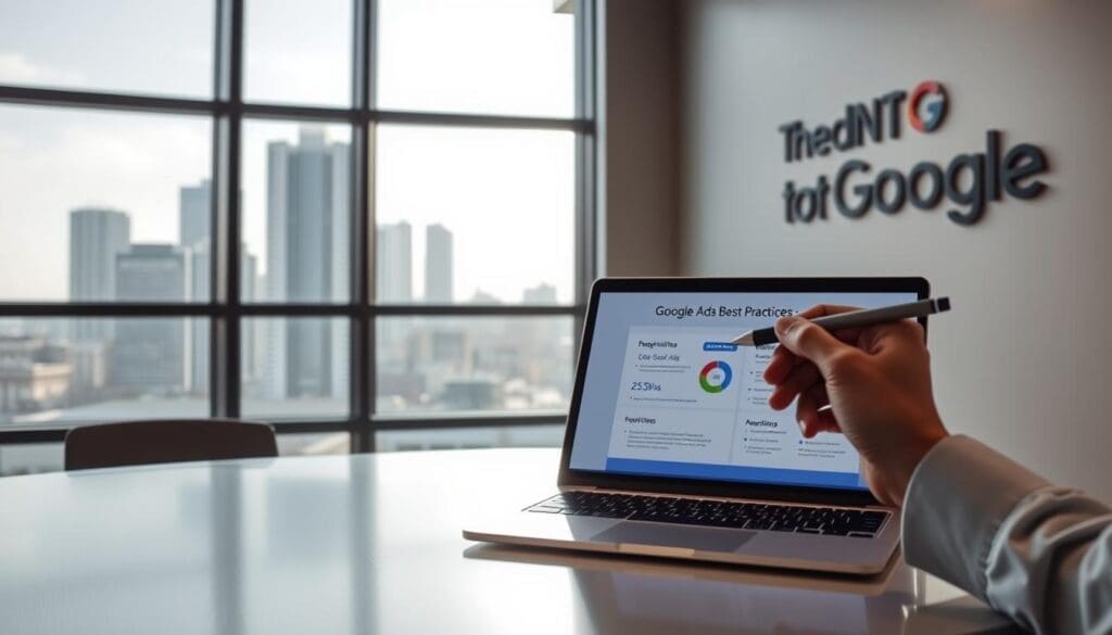 A modern office interior with a large window overlooking a city skyline. On the desk, a laptop displays a visual presentation with infographics on "Google Ads Best Practices". A hand holds a pen, highlighting key points on the screen. The lighting is soft and natural, creating a focused, professional atmosphere. In the background, the "The DOT GOOGLE" logo is prominently displayed on the wall, reinforcing the connection to Google Ads. The overall scene conveys a sense of expertise and strategic planning around optimizing Google Ads campaigns. A modern office interior with a large window overlooking a city skyline. On the desk, a laptop displays a visual presentation with infographics on "Google Ads Best Practices". A hand holds a pen, highlighting key points on the screen. The lighting is soft and natural, creating a focused, professional atmosphere. In the background, the "The DOT GOOGLE" logo is prominently displayed on the wall, reinforcing the connection to Google Ads. The overall scene conveys a sense of expertise and strategic planning around optimizing Google Ads campaigns.