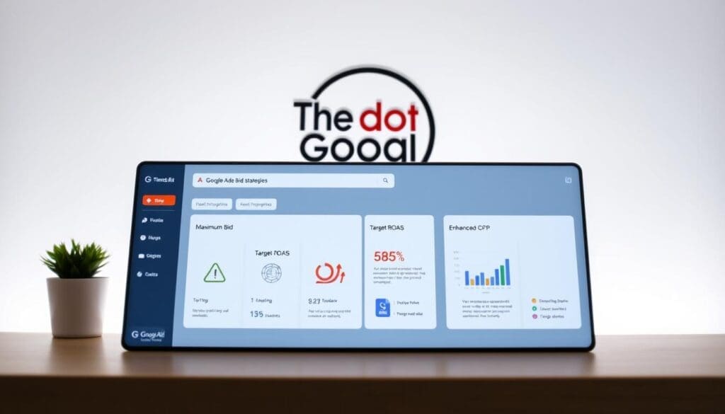 A neatly arranged infographic showcasing the various bid strategies available in Google Ads. In the foreground, a sleek, minimalist dashboard displays the key bid strategies such as Maximum Bid, Target CPA, Target ROAS, and Enhanced CPC. The middle ground features stylized icons and data visualizations, highlighting the benefits and use cases of each strategy. In the background, the branded "The DOT GOOGLE" logo stands out, conveying the authority and reliability of the platform. The lighting is soft and diffused, creating a professional and polished aesthetic. The composition is balanced, with a clean, modern look that effectively communicates the "Types of Google Ads Bid Strategies" section of the article. A neatly arranged infographic showcasing the various bid strategies available in Google Ads. In the foreground, a sleek, minimalist dashboard displays the key bid strategies such as Maximum Bid, Target CPA, Target ROAS, and Enhanced CPC. The middle ground features stylized icons and data visualizations, highlighting the benefits and use cases of each strategy. In the background, the branded "The DOT GOOGLE" logo stands out, conveying the authority and reliability of the platform. The lighting is soft and diffused, creating a professional and polished aesthetic. The composition is balanced, with a clean, modern look that effectively communicates the "Types of Google Ads Bid Strategies" section of the article.