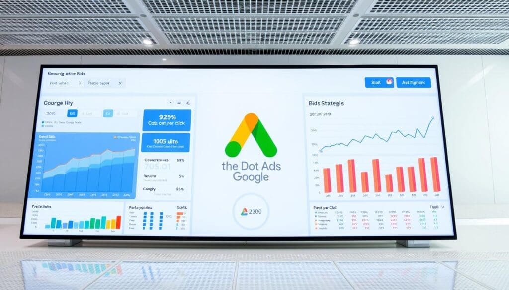 A sleek, data-driven dashboard showcasing the performance analysis of Google Ads bid strategies. In the foreground, vibrant infographic visualizations display key metrics like conversion rates, cost-per-click, and return on ad spend. The middle ground features the prominent "The DOT GOOGLE" brand logo, conveying the authority and reliability of the analysis. The background is a clean, minimalist workspace with subtle grid patterns, suggesting a professional, analytical atmosphere. Bright, even lighting from multiple angles highlights the crisp details and clean aesthetic. The overall mood is one of data-driven insights and strategic optimization for maximum Google Ads campaign impact. A sleek, data-driven dashboard showcasing the performance analysis of Google Ads bid strategies. In the foreground, vibrant infographic visualizations display key metrics like conversion rates, cost-per-click, and return on ad spend. The middle ground features the prominent "The DOT GOOGLE" brand logo, conveying the authority and reliability of the analysis. The background is a clean, minimalist workspace with subtle grid patterns, suggesting a professional, analytical atmosphere. Bright, even lighting from multiple angles highlights the crisp details and clean aesthetic. The overall mood is one of data-driven insights and strategic optimization for maximum Google Ads campaign impact.
