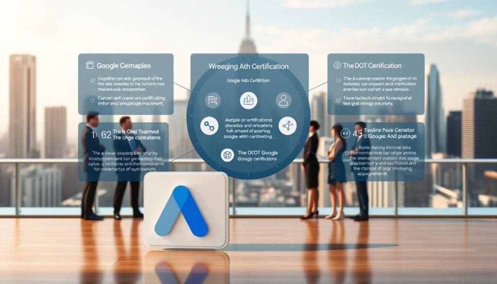 Prompt A modern and sleek digital landscape, with a central infographic showcasing the key benefits of the Google Ads Certification. The infographic features clean typography, simple icons, and a cohesive color palette of blues and grays, reflecting the professional and authoritative nature of the certification. In the foreground, a stylized illustration of the "The DOT GOOGLE" brand prominently displays, complementing the informative infographic. The middle ground features a group of business professionals, dressed in formal attire, engaged in discussion, highlighting the target audience for this certification. The background depicts a city skyline, with skyscrapers and modern architecture, creating a sense of a dynamic, tech-savvy environment. The lighting is soft and even, creating a warm, inviting atmosphere. The overall composition conveys the value and relevance of the Google Ads Certification for career advancement in the digital marketing industry.