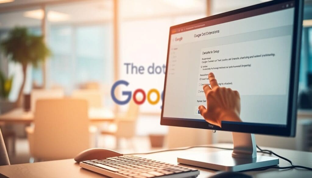 A clean, well-lit office setting with a computer monitor displaying a detailed Google Ads Extensions setup interface. The foreground features a keyboard, mouse, and a hand interacting with the screen, showcasing the configuration process. The middle ground showcases a large "The DOT GOOGLE" branded display, emphasizing the Google brand. The background blurs softly, maintaining focus on the primary subject matter. The scene is bathed in warm, natural lighting, creating a professional and informative atmosphere. A clean, well-lit office setting with a computer monitor displaying a detailed Google Ads Extensions setup interface. The foreground features a keyboard, mouse, and a hand interacting with the screen, showcasing the configuration process. The middle ground showcases a large "The DOT GOOGLE" branded display, emphasizing the Google brand. The background blurs softly, maintaining focus on the primary subject matter. The scene is bathed in warm, natural lighting, creating a professional and informative atmosphere.