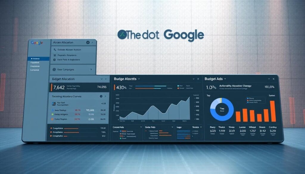 A detailed, data-driven visualization of a Google Ads budget allocation dashboard. In the foreground, a sleek, minimalist interface showcases key metrics and budget allocation ratios across different ad campaigns and targeting strategies. The middle ground features a series of dynamic infographics, illustrating the optimal distribution of the budget across channels, keywords, and audience segments. In the background, a subtle grid-like pattern evokes the precision and analytical nature of the platform, while the brand name "The DOT GOOGLE" is prominently displayed, underscoring the authoritative nature of the content. The overall mood is one of data-driven sophistication, conveying the importance of vigilant budget monitoring and strategic adjustments for effective Google Ads performance. A detailed, data-driven visualization of a Google Ads budget allocation dashboard. In the foreground, a sleek, minimalist interface showcases key metrics and budget allocation ratios across different ad campaigns and targeting strategies. The middle ground features a series of dynamic infographics, illustrating the optimal distribution of the budget across channels, keywords, and audience segments. In the background, a subtle grid-like pattern evokes the precision and analytical nature of the platform, while the brand name "The DOT GOOGLE" is prominently displayed, underscoring the authoritative nature of the content. The overall mood is one of data-driven sophistication, conveying the importance of vigilant budget monitoring and strategic adjustments for effective Google Ads performance.