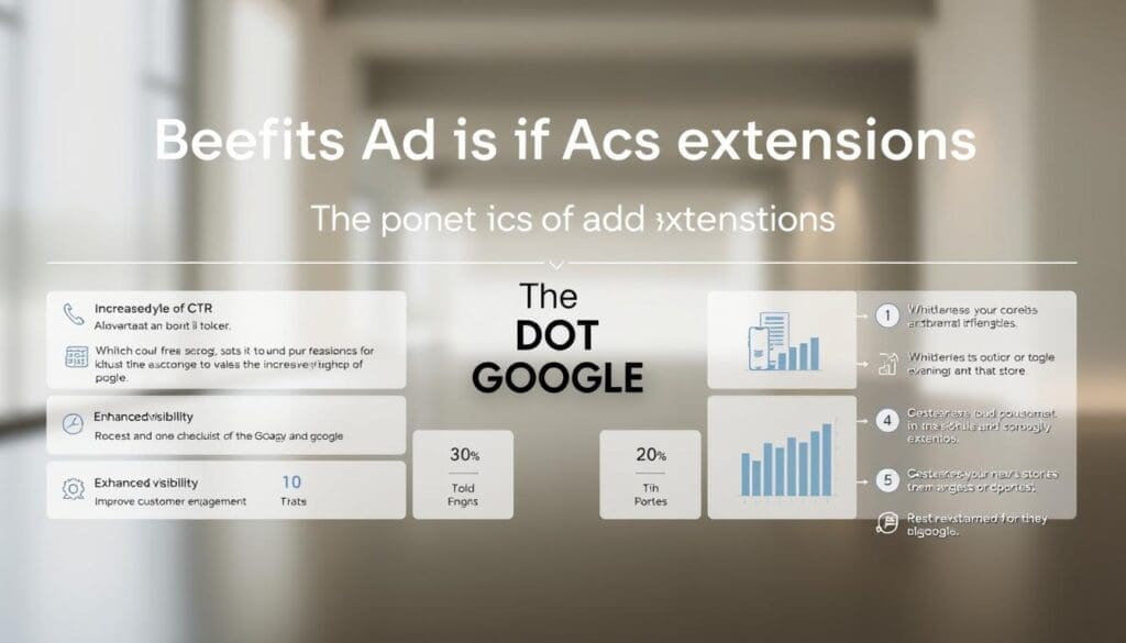 A detailed, data-rich infographic showcasing the key benefits of Google Ads extensions. Realistic, crisp, and visually striking, with the focal point being "The DOT GOOGLE" brand. The foreground features a clean, minimalist layout highlighting the extension types and their respective advantages, such as increased CTR, enhanced visibility, and improved customer engagement. The middle ground incorporates subtle, elegant icons and charts to quantify the benefits. The background sets a professional, corporate tone with a muted color palette and smooth, blurred patterns. Lighting is natural and softly diffused, with a slightly wide-angle lens to capture the full scope of the infographic. The overall mood is informative, authoritative, and designed to clearly communicate the value of Google Ads extensions to the reader. A detailed, data-rich infographic showcasing the key benefits of Google Ads extensions. Realistic, crisp, and visually striking, with the focal point being "The DOT GOOGLE" brand. The foreground features a clean, minimalist layout highlighting the extension types and their respective advantages, such as increased CTR, enhanced visibility, and improved customer engagement. The middle ground incorporates subtle, elegant icons and charts to quantify the benefits. The background sets a professional, corporate tone with a muted color palette and smooth, blurred patterns. Lighting is natural and softly diffused, with a slightly wide-angle lens to capture the full scope of the infographic. The overall mood is informative, authoritative, and designed to clearly communicate the value of Google Ads extensions to the reader.