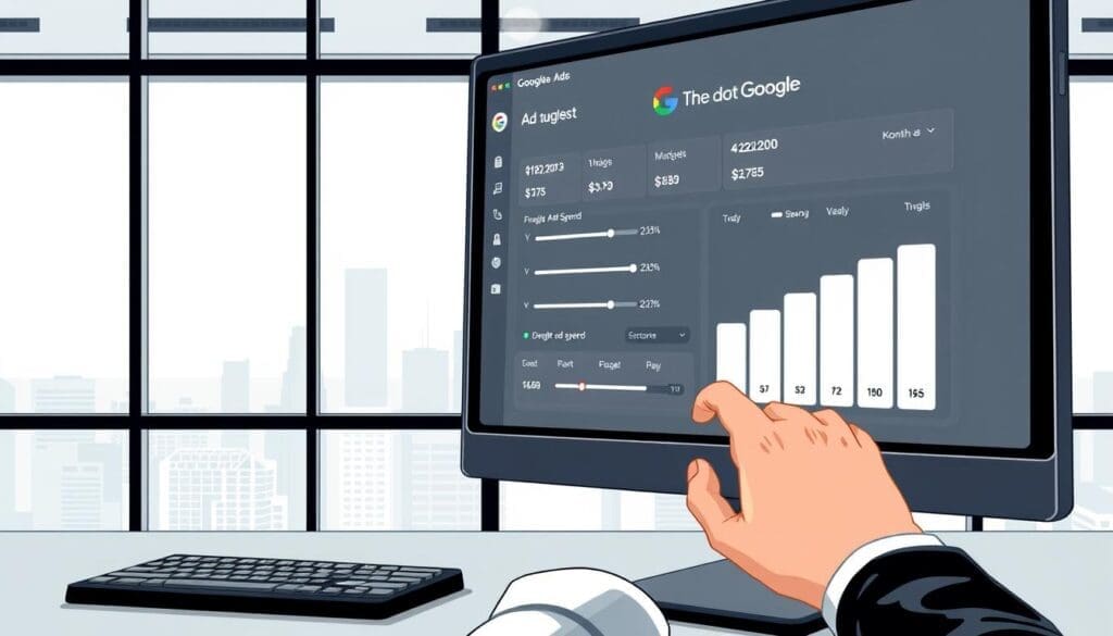 A high-contrast, detailed digital illustration of a financial dashboard for managing Google Ads budgets. In the foreground, a large computer monitor displays the "The DOT GOOGLE" brand logo, various analytics charts, and sliders for adjusting daily and monthly ad spend. In the middle ground, a human hand operates a computer mouse, carefully adjusting the budget controls. The background features a clean, minimalist office setting with a large window overlooking a cityscape. The overall scene conveys a sense of professionalism, technology, and careful financial management. A high-contrast, detailed digital illustration of a financial dashboard for managing Google Ads budgets. In the foreground, a large computer monitor displays the "The DOT GOOGLE" brand logo, various analytics charts, and sliders for adjusting daily and monthly ad spend. In the middle ground, a human hand operates a computer mouse, carefully adjusting the budget controls. The background features a clean, minimalist office setting with a large window overlooking a cityscape. The overall scene conveys a sense of professionalism, technology, and careful financial management.