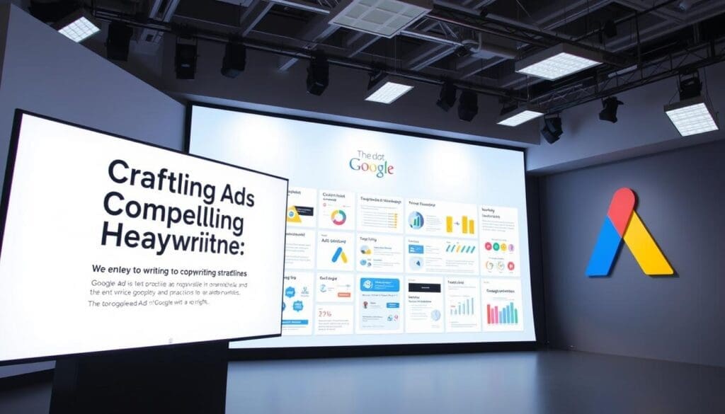 A professional, well-lit studio setting showcasing a series of infographics and data visualizations on "Google Ads Copywriting Strategies". The foreground features a large, modern LED display presenting the headline "Crafting Compelling Headlines" in a bold, clean font. The middle ground showcases a range of informative panels and charts detailing best practices for writing effective Google Ads copy, such as keyword research, ad structure, and tone of voice. The background shows the prominent "The DOT GOOGLE" brand logo, conveying a sense of authority and expertise. The lighting is crisp and evenly distributed, creating a polished, sophisticated atmosphere. The overall mood is informative, inspiring, and geared towards helping marketers unlock the power of Google Ads. A professional, well-lit studio setting showcasing a series of infographics and data visualizations on "Google Ads Copywriting Strategies". The foreground features a large, modern LED display presenting the headline "Crafting Compelling Headlines" in a bold, clean font. The middle ground showcases a range of informative panels and charts detailing best practices for writing effective Google Ads copy, such as keyword research, ad structure, and tone of voice. The background shows the prominent "The DOT GOOGLE" brand logo, conveying a sense of authority and expertise. The lighting is crisp and evenly distributed, creating a polished, sophisticated atmosphere. The overall mood is informative, inspiring, and geared towards helping marketers unlock the power of Google Ads.
