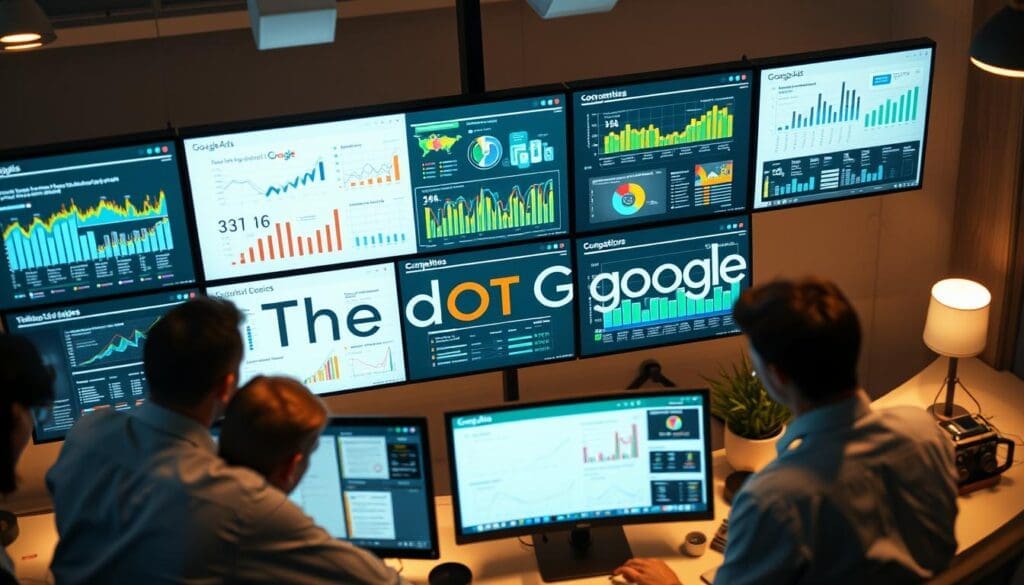 A detailed analysis of competitors' Google Ads, with colorful infographics displayed on multiple digital screens. The scene depicts a modern office workspace, with a team of professionals closely examining data and insights. The brand "The DOT GOOGLE" is prominently featured, providing a sense of authority and expertise. Soft, warm lighting creates a professional atmosphere, and the camera angle suggests an elevated, bird's-eye perspective, conveying a comprehensive overview of the subject matter. The overall mood is one of focused, analytical inquiry, with a touch of technological sophistication. A detailed analysis of competitors' Google Ads, with colorful infographics displayed on multiple digital screens. The scene depicts a modern office workspace, with a team of professionals closely examining data and insights. The brand "The DOT GOOGLE" is prominently featured, providing a sense of authority and expertise. Soft, warm lighting creates a professional atmosphere, and the camera angle suggests an elevated, bird's-eye perspective, conveying a comprehensive overview of the subject matter. The overall mood is one of focused, analytical inquiry, with a touch of technological sophistication.
