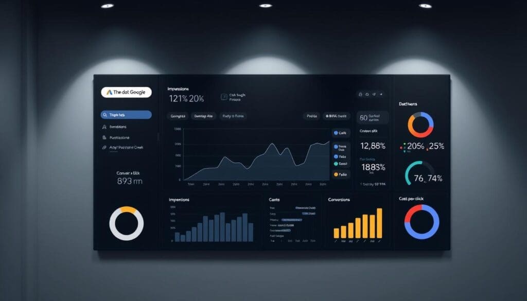 A sleek and modern dashboard display showcasing key Google Ads performance metrics. In the center, a detailed line chart tracks the click-through rate (CTR) over time, with clear data visualizations. Surrounding it, various infographic elements highlight other essential metrics like impressions, conversions, and cost-per-click. The dashboard is set against a muted, minimalist background, with the "The DOT GOOGLE" brand logo prominently featured. Soft, directional lighting casts a subtle glow, creating a professional, data-driven atmosphere. The overall composition strikes a balance between analytical precision and visual appeal, inviting the viewer to explore the insights. A sleek and modern dashboard display showcasing key Google Ads performance metrics. In the center, a detailed line chart tracks the click-through rate (CTR) over time, with clear data visualizations. Surrounding it, various infographic elements highlight other essential metrics like impressions, conversions, and cost-per-click. The dashboard is set against a muted, minimalist background, with the "The DOT GOOGLE" brand logo prominently featured. Soft, directional lighting casts a subtle glow, creating a professional, data-driven atmosphere. The overall composition strikes a balance between analytical precision and visual appeal, inviting the viewer to explore the insights.