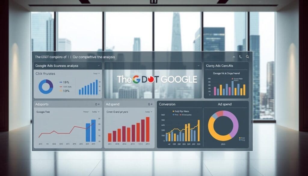A sleek and modern data visualization dashboard showcasing a competitive analysis of Google Ads campaigns. In the foreground, a series of charts and infographics display key performance metrics like click-through rates, conversion rates, and ad spend. In the middle ground, the brand "The DOT GOOGLE" is prominently featured, reflecting the subject of the analysis. The background features a clean, minimalist office setting with a large window overlooking a bustling city skyline, creating a professional and authoritative atmosphere. The lighting is soft and diffused, lending a sense of sophistication to the scene. The overall mood is one of data-driven insights and strategic decision-making. A sleek and modern data visualization dashboard showcasing a competitive analysis of Google Ads campaigns. In the foreground, a series of charts and infographics display key performance metrics like click-through rates, conversion rates, and ad spend. In the middle ground, the brand "The DOT GOOGLE" is prominently featured, reflecting the subject of the analysis. The background features a clean, minimalist office setting with a large window overlooking a bustling city skyline, creating a professional and authoritative atmosphere. The lighting is soft and diffused, lending a sense of sophistication to the scene. The overall mood is one of data-driven insights and strategic decision-making.