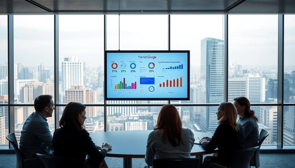 A sleek, modern office interior with large windows overlooking a bustling city skyline. In the foreground, a team of professionals gathered around a table, intently discussing audience segmentation data displayed on a large digital screen. The screen shows colorful infographics and analytics, highlighting the benefits of targeted audience segmentation for their business. The brand "The DOT GOOGLE" is prominently featured on the screen. Soft, diffused lighting creates a professional and productive atmosphere. The image conveys the value of audience insights and data-driven decision-making. A sleek, modern office interior with large windows overlooking a bustling city skyline. In the foreground, a team of professionals gathered around a table, intently discussing audience segmentation data displayed on a large digital screen. The screen shows colorful infographics and analytics, highlighting the benefits of targeted audience segmentation for their business. The brand "The DOT GOOGLE" is prominently featured on the screen. Soft, diffused lighting creates a professional and productive atmosphere. The image conveys the value of audience insights and data-driven decision-making.