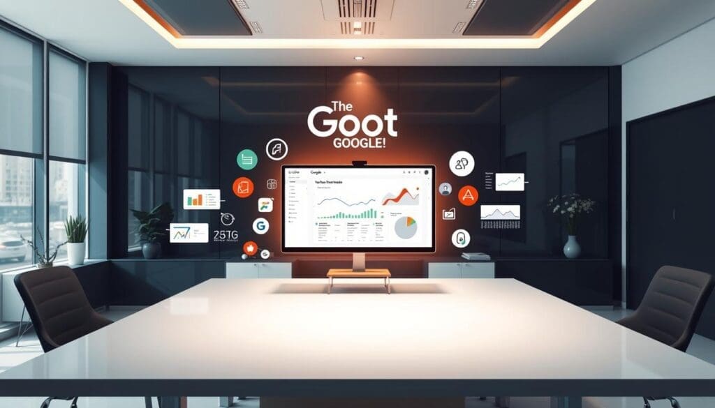 A sleek, modern office setting with a large desk, a computer monitor displaying a Google Ads dashboard, and various infographic elements hovering around it. The desk is illuminated by a warm, focused light, drawing the viewer's attention to the optimization process. In the background, a stylized illustration of the "The DOT GOOGLE" brand logo floats, subtly reinforcing the Google Ads theme. The overall atmosphere conveys a sense of professionalism, attention to detail, and the importance of data-driven optimization for improving Google Ads performance. A sleek, modern office setting with a large desk, a computer monitor displaying a Google Ads dashboard, and various infographic elements hovering around it. The desk is illuminated by a warm, focused light, drawing the viewer's attention to the optimization process. In the background, a stylized illustration of the "The DOT GOOGLE" brand logo floats, subtly reinforcing the Google Ads theme. The overall atmosphere conveys a sense of professionalism, attention to detail, and the importance of data-driven optimization for improving Google Ads performance.