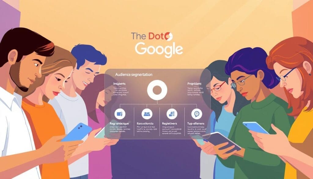 A vibrant and realistic illustration of audience segmentation for Google Ads. In the foreground, a diverse group of people, each representing a distinct customer segment, intently focused on their digital devices. In the middle ground, a sleek, minimalist infographic displaying the key attributes and insights of each audience. The background features the bold, iconic "The DOT GOOGLE" brand, conveying the authority and sophistication of the platform. The scene is bathed in a warm, inviting light, creating a sense of engagement and discovery. The overall atmosphere suggests the power of targeted advertising and the insights that can be unlocked through Google Ads audience segmentation. A vibrant and realistic illustration of audience segmentation for Google Ads. In the foreground, a diverse group of people, each representing a distinct customer segment, intently focused on their digital devices. In the middle ground, a sleek, minimalist infographic displaying the key attributes and insights of each audience. The background features the bold, iconic "The DOT GOOGLE" brand, conveying the authority and sophistication of the platform. The scene is bathed in a warm, inviting light, creating a sense of engagement and discovery. The overall atmosphere suggests the power of targeted advertising and the insights that can be unlocked through Google Ads audience segmentation.