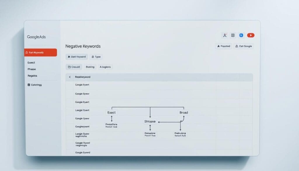 An overhead view of a Google Ads dashboard, displaying the "Negative Keywords" section with detailed infographic elements. The dashboard has a sleek, modern design with the prominent "The DOT GOOGLE" branding. The foreground showcases different negative keyword match types, such as exact, phrase, and broad, represented by distinct icons and clear labeling. The middle ground features a flow diagram illustrating the hierarchy and interactions between these match types. The background depicts a minimalist grid layout, accentuating the technical nature of the subject matter. The overall lighting is soft and directional, creating depth and highlighting the key information. The mood is informative and visually engaging, suitable for an educational article on optimizing Google Ads with effective negative keywords. An overhead view of a Google Ads dashboard, displaying the "Negative Keywords" section with detailed infographic elements. The dashboard has a sleek, modern design with the prominent "The DOT GOOGLE" branding. The foreground showcases different negative keyword match types, such as exact, phrase, and broad, represented by distinct icons and clear labeling. The middle ground features a flow diagram illustrating the hierarchy and interactions between these match types. The background depicts a minimalist grid layout, accentuating the technical nature of the subject matter. The overall lighting is soft and directional, creating depth and highlighting the key information. The mood is informative and visually engaging, suitable for an educational article on optimizing Google Ads with effective negative keywords.