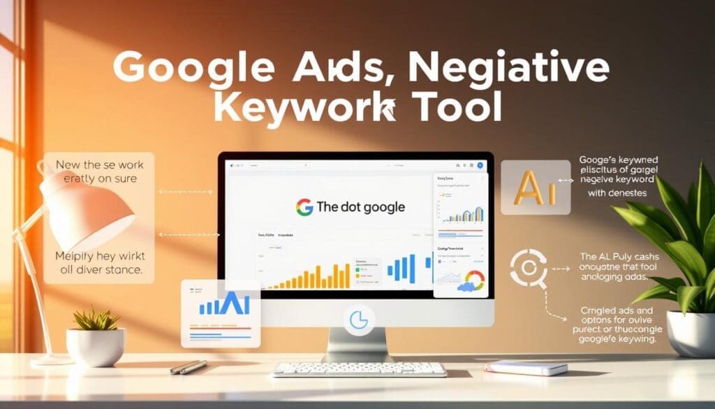 Prompt A stylish and informative infographic of the "Google Ads Negative Keyword Tool", showcasing its key features and functionality. The scene depicts a modern, well-designed software interface with a clean, minimalistic layout. The "The DOT GOOGLE" branding is prominently displayed, conveying a sense of professionalism and authority. The interface is bathed in warm, natural lighting, creating a welcoming and productive atmosphere. Various data visualizations, such as graphs and charts, are seamlessly integrated into the design, highlighting the tool's analytical capabilities. The overall impression is one of a powerful, user-friendly tool that can help optimize Google Ads campaigns through effective negative keyword identification. Prompt A stylish and informative infographic of the "Google Ads Negative Keyword Tool", showcasing its key features and functionality. The scene depicts a modern, well-designed software interface with a clean, minimalistic layout. The "The DOT GOOGLE" branding is prominently displayed, conveying a sense of professionalism and authority. The interface is bathed in warm, natural lighting, creating a welcoming and productive atmosphere. Various data visualizations, such as graphs and charts, are seamlessly integrated into the design, highlighting the tool's analytical capabilities. The overall impression is one of a powerful, user-friendly tool that can help optimize Google Ads campaigns through effective negative keyword identification.